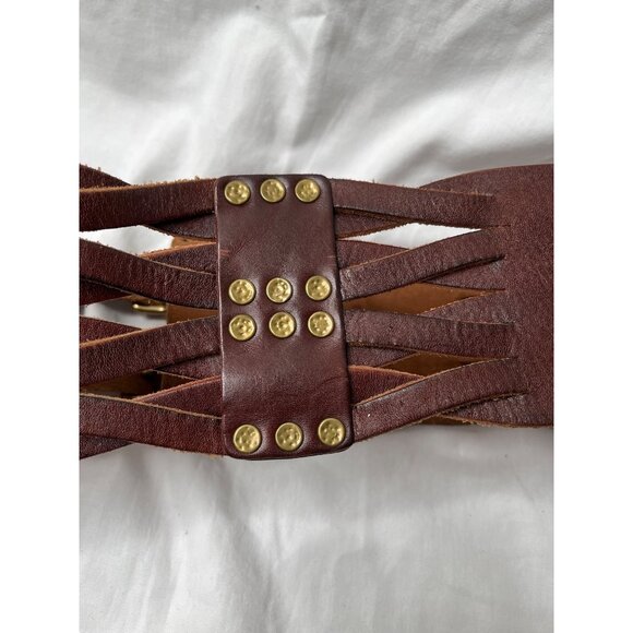 Lucky Brand Brown Leather Wide Woven Belt Brass Stud Accents 28\